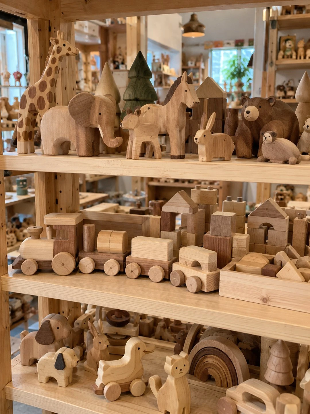 Regal mit Holzspielzeug im Laden