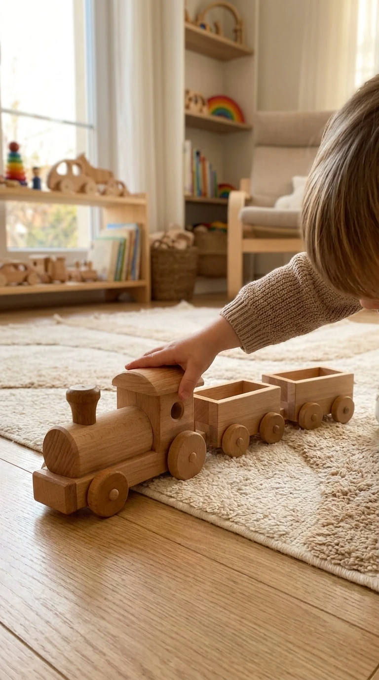 Kind spielt mit der Holzeisenbahn